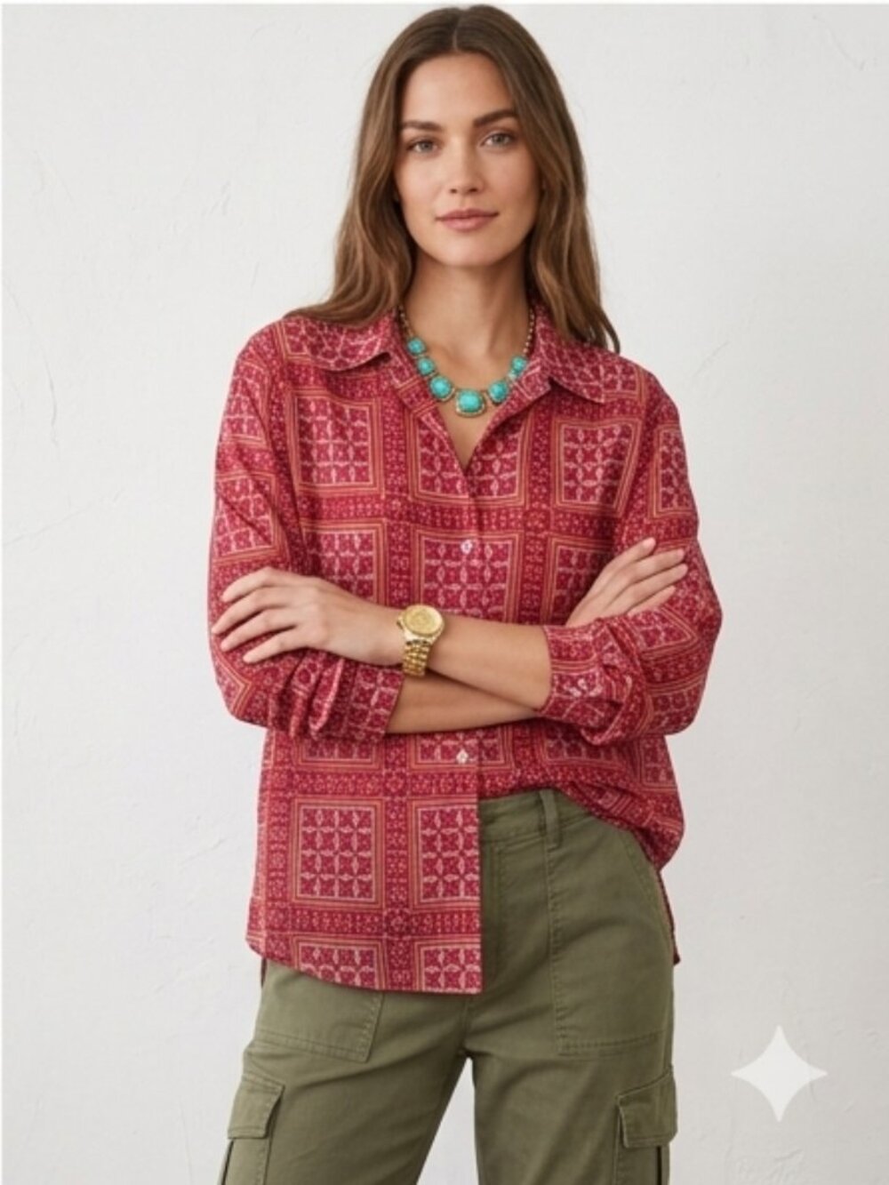 Vintage GAP Red Geometric Tile Print Button Down Blouse Top - Sz S